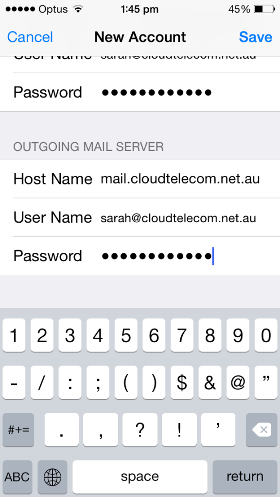 cloud telecom iphone email outgoing server